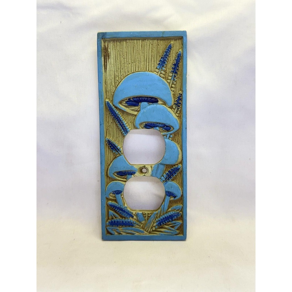 Decorative Duplex Outlet Wall Plate With Whimsical Blue Mushrooms & Green Ferns